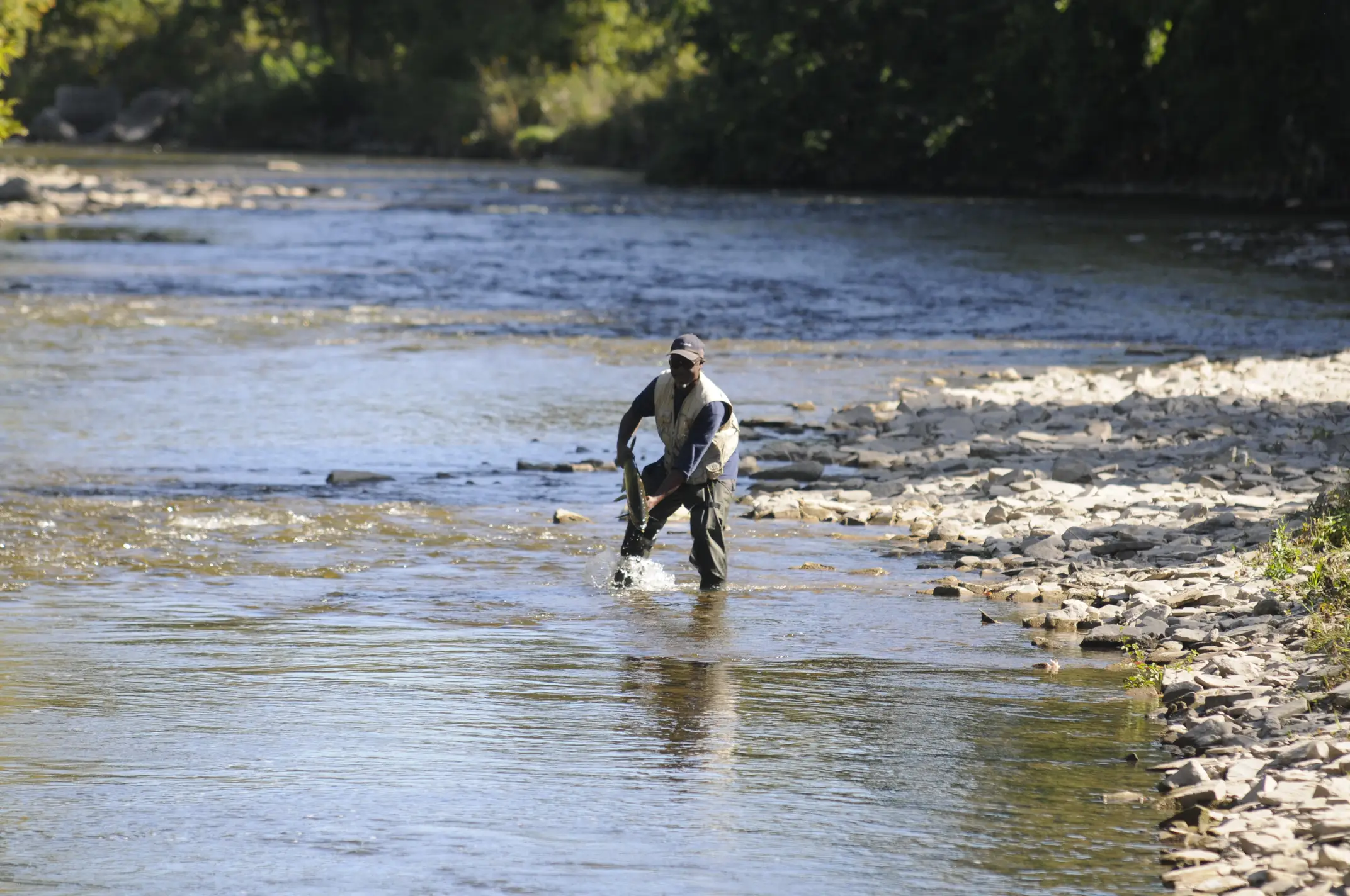 Man holds a salmon with his hands after fishing it